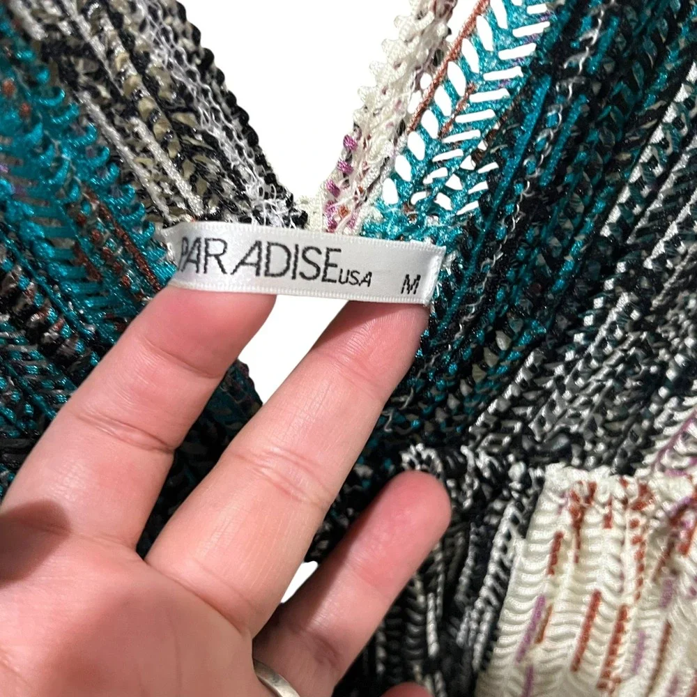 Paradise USA Open Knit‎ Turquoise, Black, Tan Beach Coverup Women's Size Medium